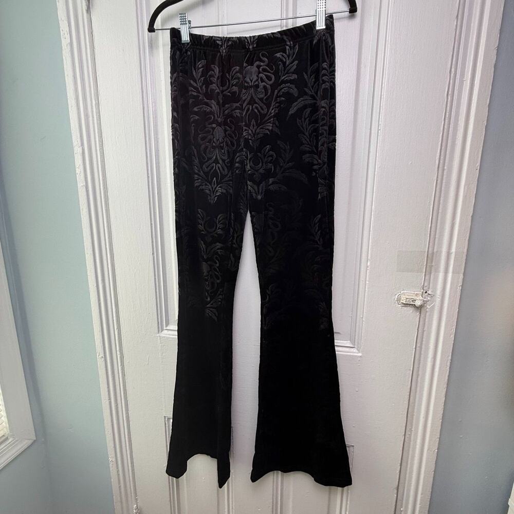 Black Velvet Flare Pants Floral Jacquard Stretch Goth Large NWOT Witchy - Picture 3 of 8